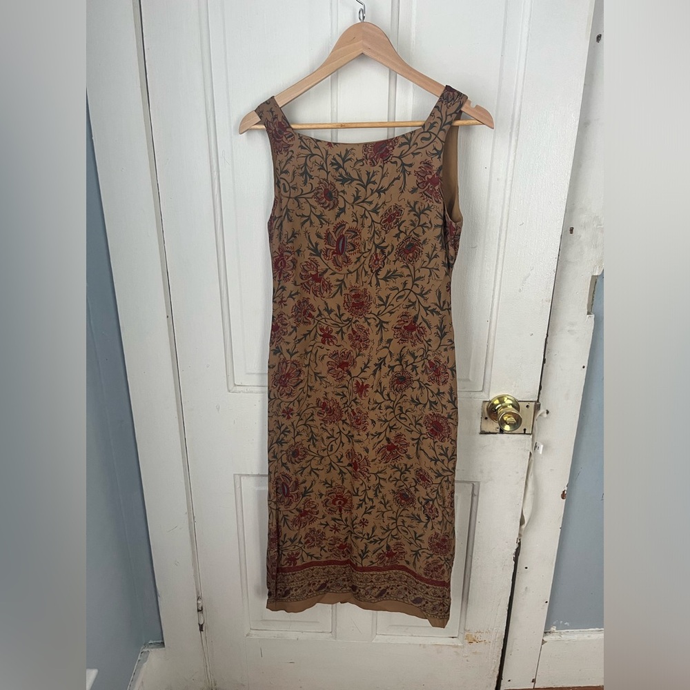 Ralph Lauren light brown floral silk midi sleeveless dress 8 8P